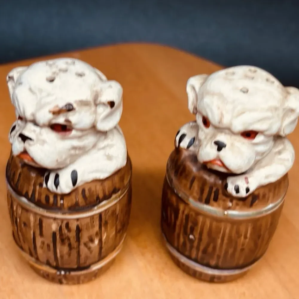 Vintage Japan Bulldog Puppy in Barrel Salt & Pepper Shakers Ceramic Dog Pair
